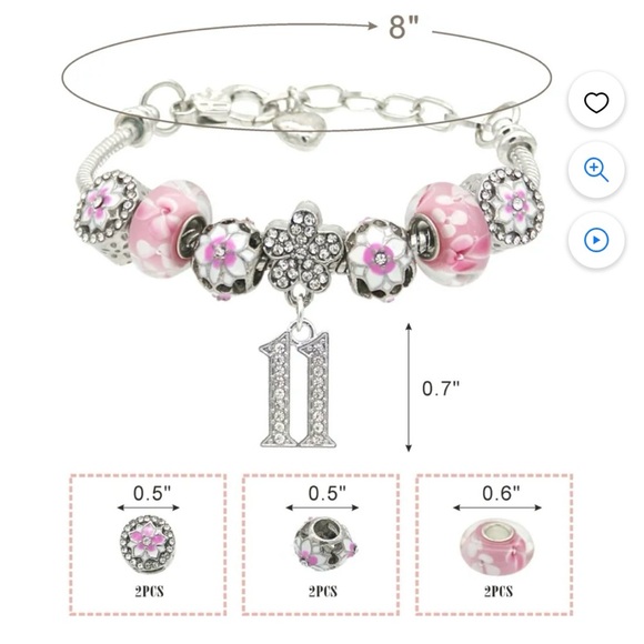 8" Charm Bracelet Silver Happy 11th Birthday Crystal Pave Setting, Enamel Beads - Picture 7 of 8